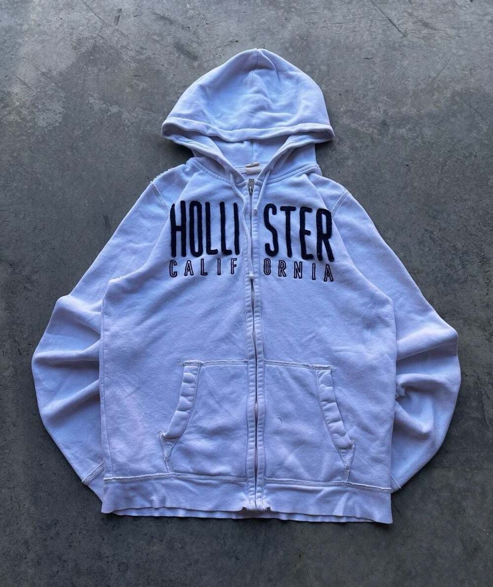 Vintage Hollister California White Full Zip Up Hoodie Sweatshirt Size L